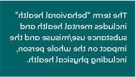 黑绿色方框上写着“行为健康”一词包括心理健康和物质使用/滥用以及对整个人的影响, 包括身体健康.